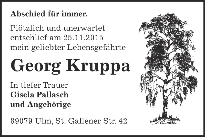  Traueranzeige für Georg Kruppa vom 19.12.2015 aus WVG - Wochenspiegel Dessau / Köthen
