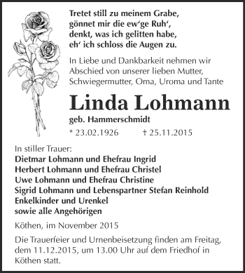 Traueranzeige von Linda Lohmann von WVG - Wochenspiegel Dessau / Köthen