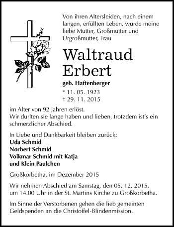 Traueranzeige von Waltraud Erbert von Mitteldeutsche Zeitung Weißenfels