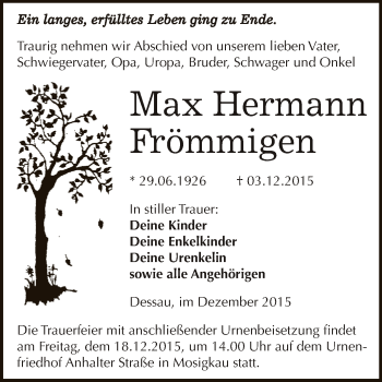 Traueranzeige von Max Hermann Frömmigen von WVG - Wochenspiegel Dessau / Köthen
