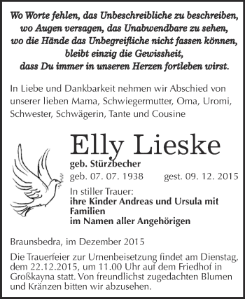 Traueranzeige von Elly Lieske von WVG - Wochenspiegel Merseburg