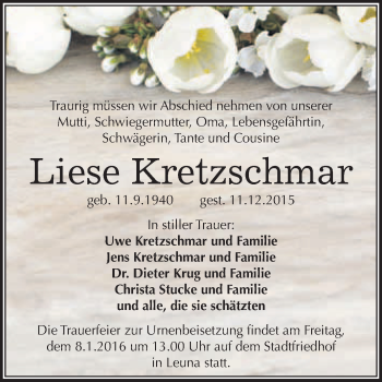 Traueranzeige von Liese Kretzschmar von WVG - Wochenspiegel Merseburg