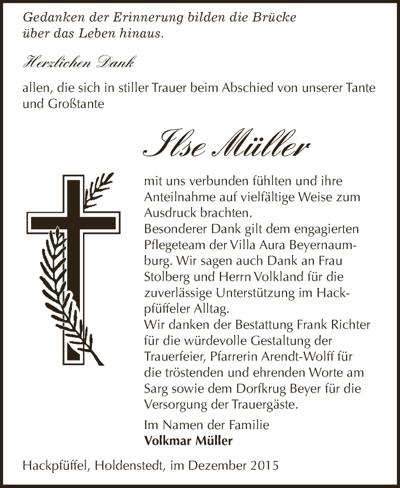  Traueranzeige für Ilse Müller vom 30.12.2015 aus WVG - Wochenspiegel SGH