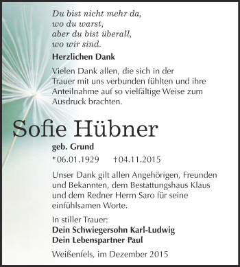 Traueranzeige von Sofie Hübner von WVG - Wochenspiegel NMB / WSF / ZTZ