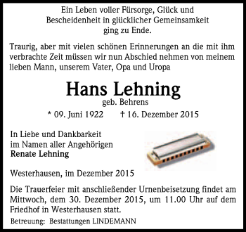 Traueranzeige von Hans Lehning von Super Sonntag Quedlinburg