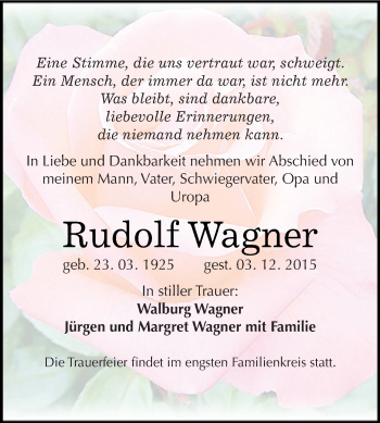 Traueranzeige von Rudolf Wagner von Super Sonntag Zeitz