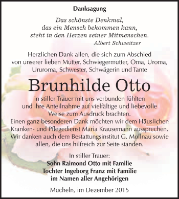 Traueranzeige von Brunhilde Otto von WVG - Wochenspiegel Merseburg