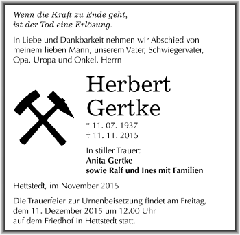 Traueranzeige von Herbert Gertke von Mitteldeutsche Zeitung Mansfelder Land
