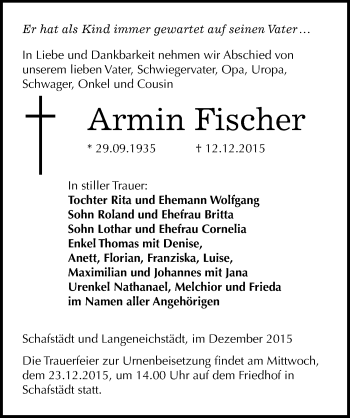 Traueranzeige von Armin Fischer von Mitteldeutsche Zeitung Merseburg/Querfurt