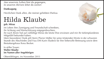 Traueranzeige von Hilda Klaube von Mitteldeutsche Zeitung Sangerhausen