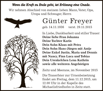 Traueranzeige von Günter Freyer von Super Sonntag Zeitz