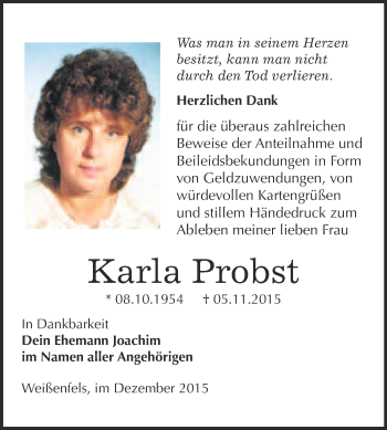 Traueranzeige von Karla Probst von WVG - Wochenspiegel NMB / WSF / ZTZ
