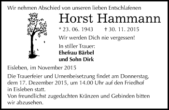 Traueranzeige von Horst Hammann von Mitteldeutsche Zeitung Mansfelder Land