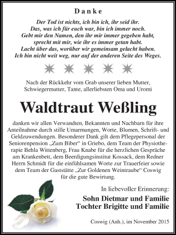 Traueranzeige von Waldtraut Weßling von WVG - Wochenspiegel Dessau / Köthen