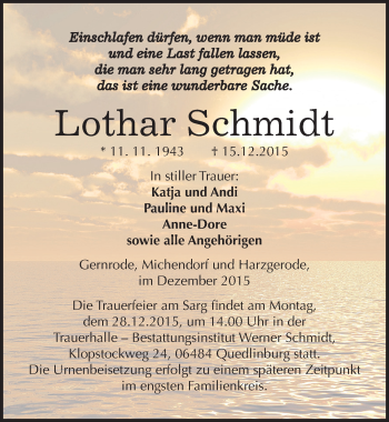 Traueranzeige von Lothar Schmidt von Mitteldeutsche Zeitung Quedlinburg