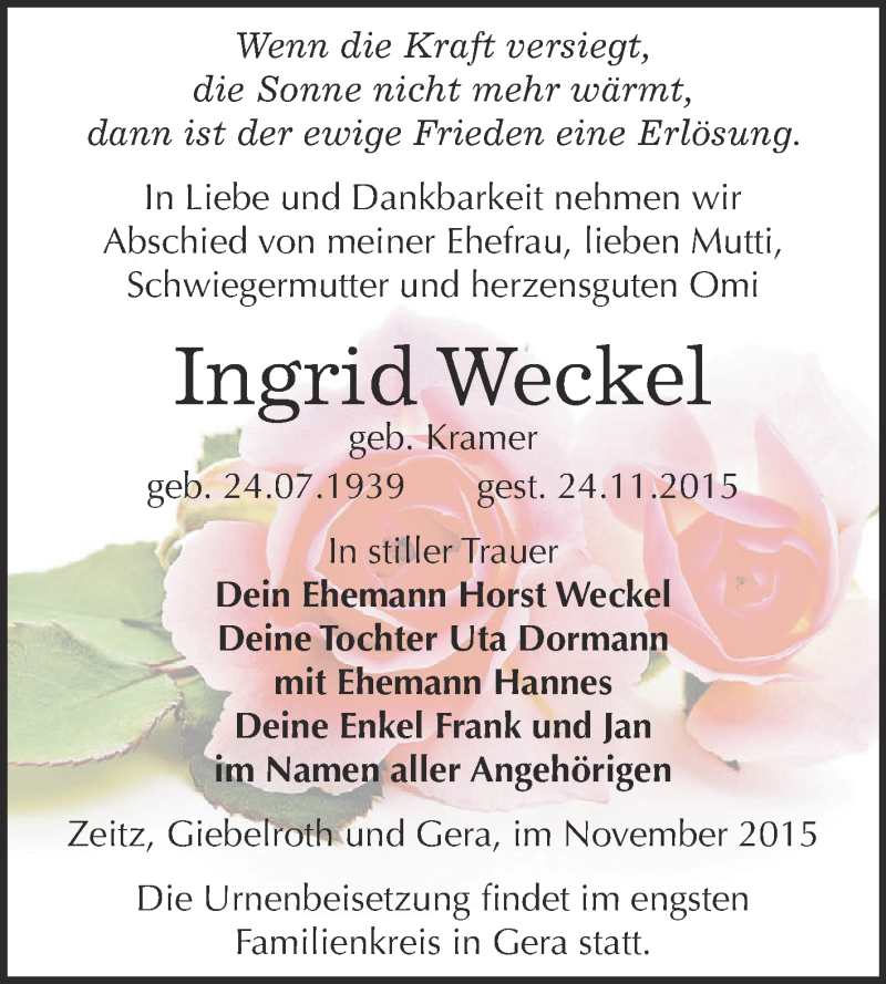  Traueranzeige für Ingrid Weckel vom 05.12.2015 aus Super Sonntag Zeitz