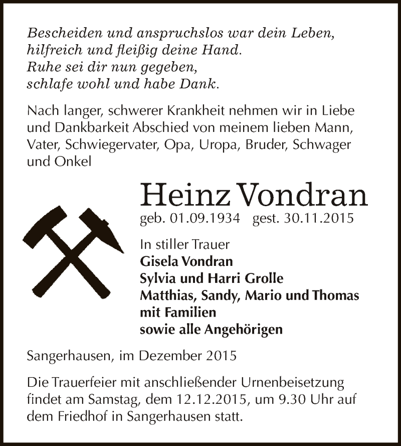  Traueranzeige für Heinz Vondran vom 05.12.2015 aus Super Sonntag SGH Mansf. Land