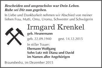 Traueranzeige von Irmgard Krenkel von WVG - Wochenspiegel Merseburg