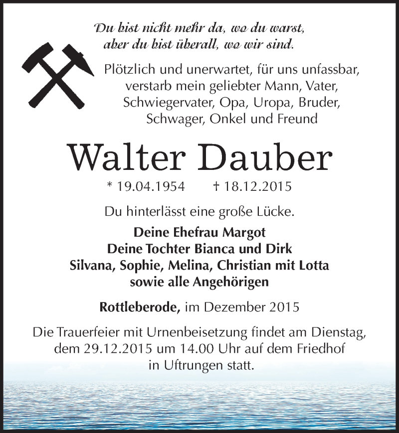  Traueranzeige für Walter Dauber vom 23.12.2015 aus Mitteldeutsche Zeitung Sangerhausen