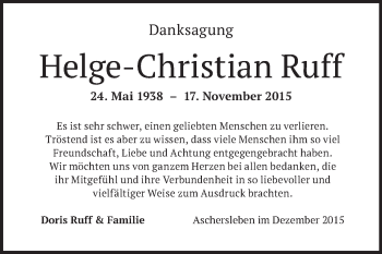 Traueranzeige von Helge-Christian Ruff von WVG - Wochenspiegel Quedlinburg