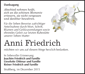 Traueranzeige von Anni Friedrich von Mitteldeutsche Zeitung Quedlinburg