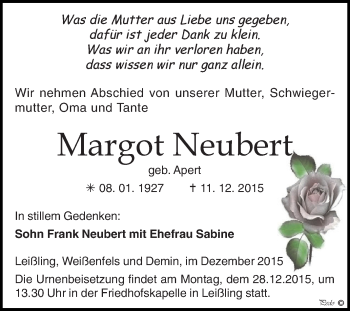 Traueranzeige von Margot Neubert von Super Sonntag Zeitz