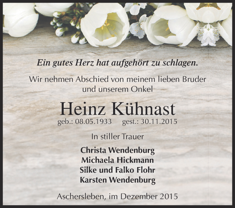  Traueranzeige für Heinz Kühnast vom 12.12.2015 aus Super Sonntag Aschersleben