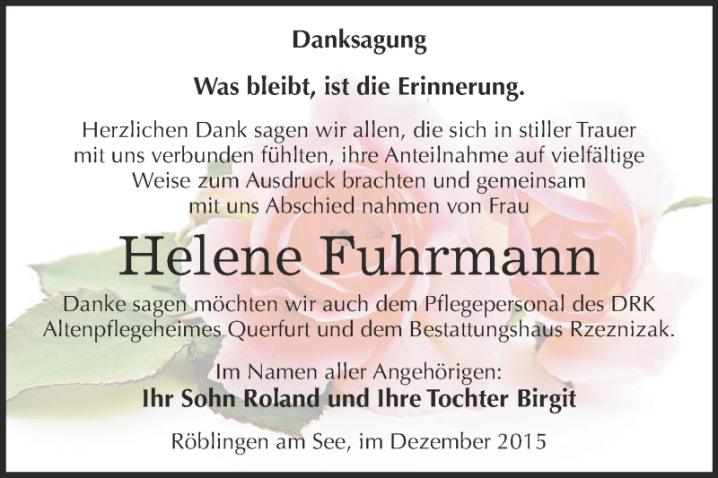  Traueranzeige für Helene Fuhrmann vom 30.12.2015 aus Wochenspiegel Mansfelder Land