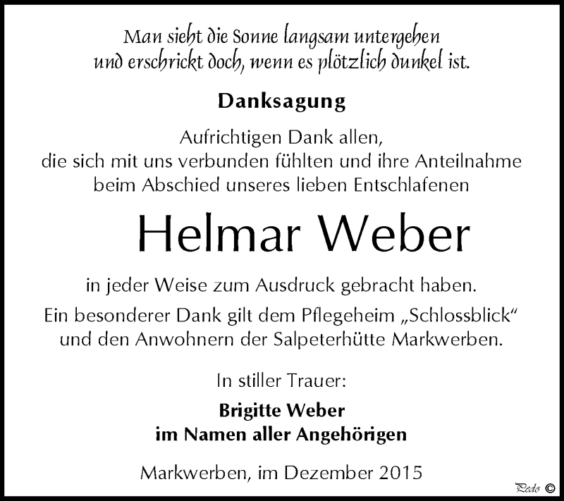  Traueranzeige für Helmar Weber vom 30.12.2015 aus WVG - Wochenspiegel NMB / WSF / ZTZ