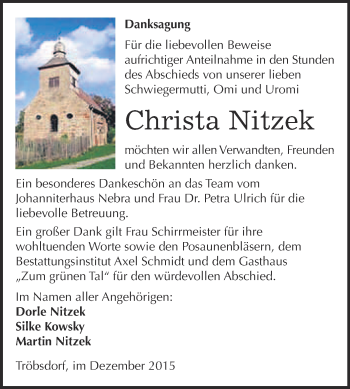 Traueranzeige von Christa Nitzek von WVG - Wochenspiegel NMB / WSF / ZTZ