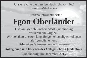 Traueranzeige von Egon Oberländer von Super Sonntag Quedlinburg
