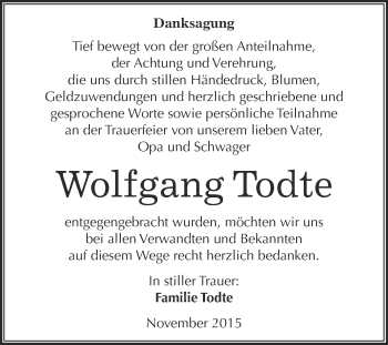 Traueranzeige von Wolfgang Todte von WVG - Wochenspiegel NMB / WSF / ZTZ