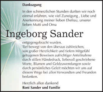 Traueranzeige von Ingeborg Sander von WVG - Wochenspiegel Quedlinburg