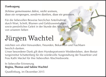 Traueranzeige von Jürgen Wachtel von Super Sonntag Quedlinburg