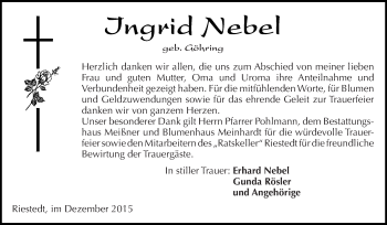 Traueranzeige von Ingrid Nebel von Wochenspiegel Mansfelder Land