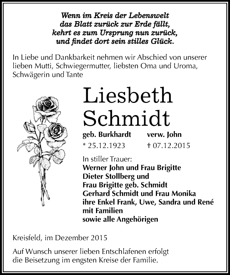  Traueranzeige für Liesbeth Schmidt vom 12.12.2015 aus Mitteldeutsche Zeitung Mansfelder Land