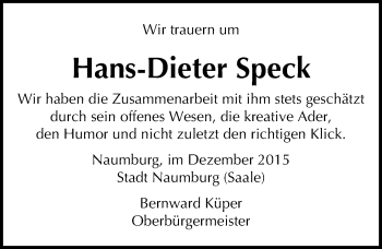 Traueranzeige von Hans-Dieter Speck von Mitteldeutsche Zeitung Naumburg/Nebra