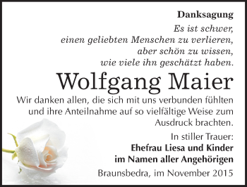 Traueranzeige von Wolfgang Maier von Mitteldeutsche Zeitung Merseburg/Querfurt