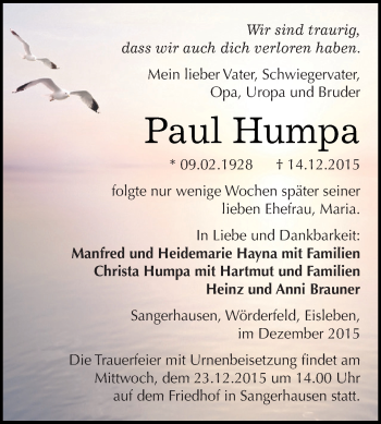 Traueranzeige von Paul Humpa von Super Sonntag SGH Mansf. Land