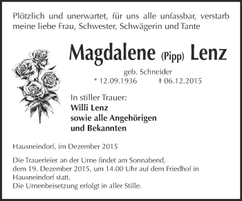 Traueranzeige von Magdalene Lenz von WVG - Wochenspiegel Quedlinburg