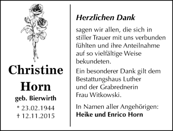 Traueranzeige von Christine Horn von Mitteldeutsche Zeitung Halle/Saalkreis