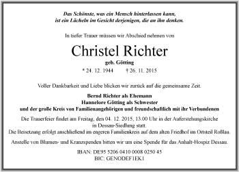Traueranzeige von Christel Richter von Mitteldeutsche Zeitung Dessau-Roßlau