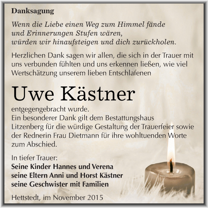  Traueranzeige für Uwe Kästner vom 05.12.2015 aus Super Sonntag SGH Mansf. Land