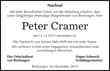 Traueranzeige von Peter Cramer von Mitteldeutsche Zeitung Sangerhausen