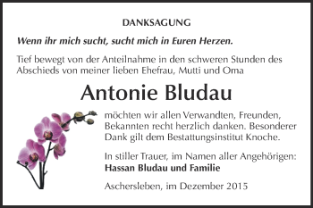 Traueranzeige von Antonie Bludau von Super Sonntag Aschersleben