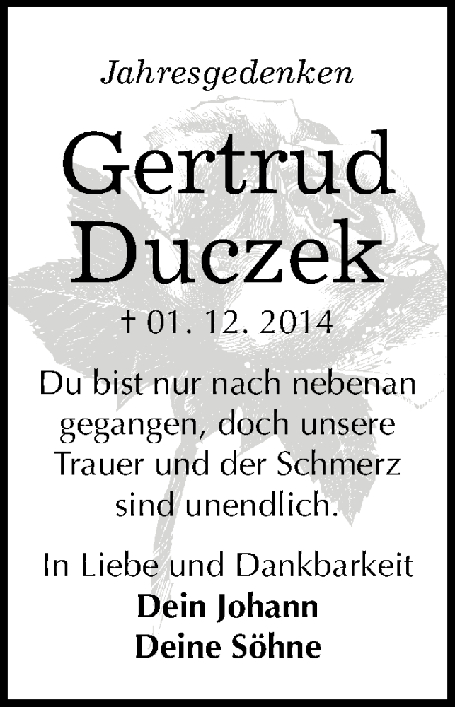  Traueranzeige für Gertrud Duczek vom 02.12.2015 aus Mitteldeutsche Zeitung Köthen