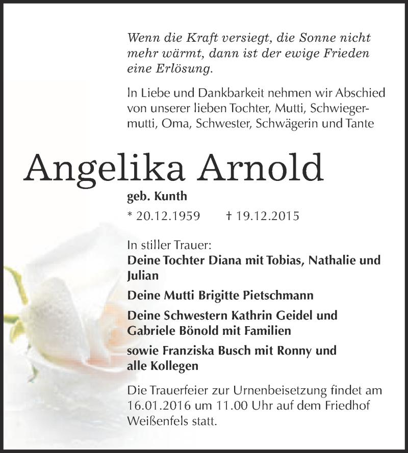  Traueranzeige für Angelika Arnold vom 30.12.2015 aus WVG - Wochenspiegel NMB / WSF / ZTZ