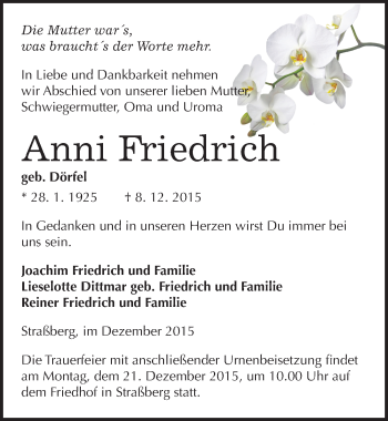Traueranzeige von Anni Friedrich von Mitteldeutsche Zeitung Quedlinburg
