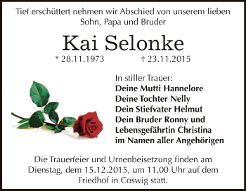 Traueranzeige von Kai Selonke von WVG - Wochenspiegel Dessau / Köthen