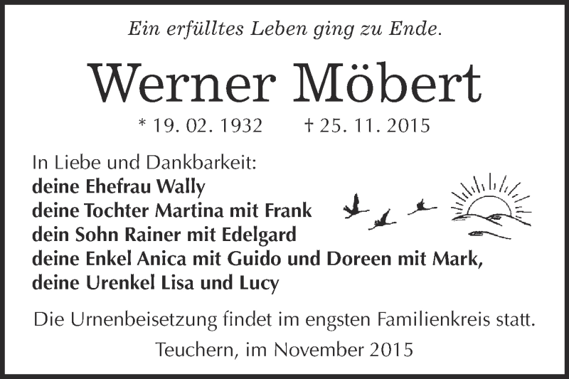  Traueranzeige für Werner Möbert vom 02.12.2015 aus WVG - Wochenspiegel NMB / WSF / ZTZ